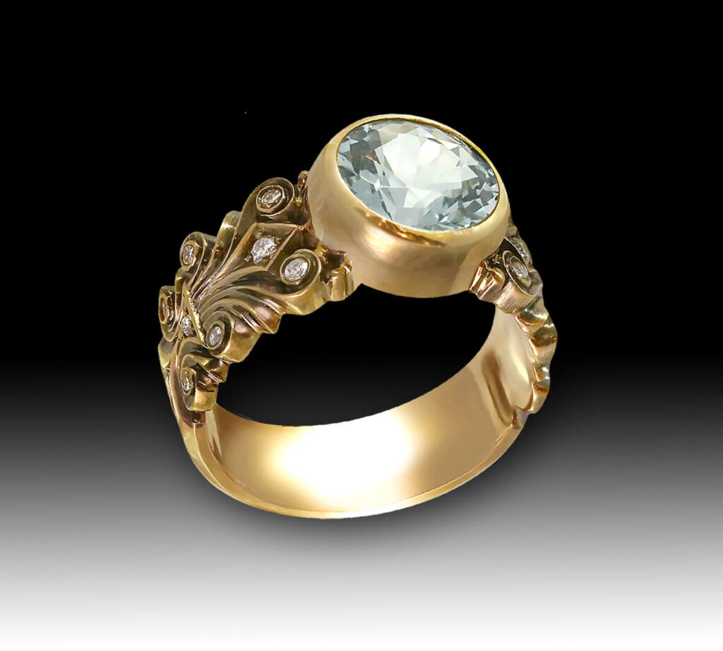 золотое кольцо с голубым топазом